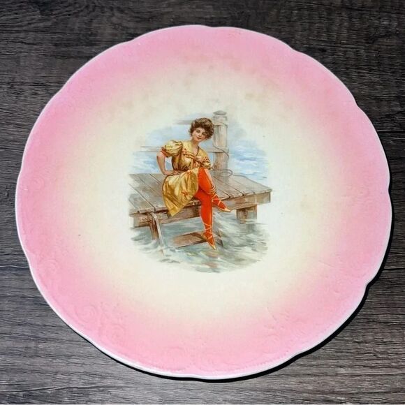 Vintage The W.M. Brunt Pottery Co. Girl on a Dock Porcelain Plate - Picture 1 of 4